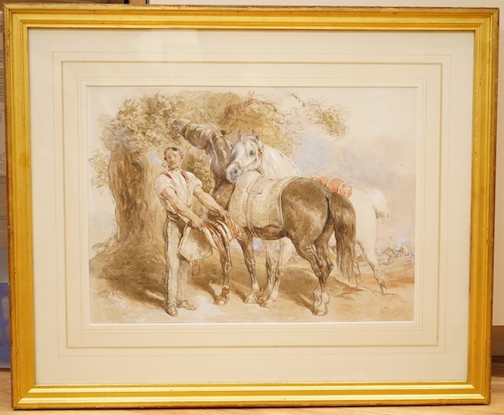 John Frederick Taylor PRWS (1802-1889), heightened watercolour, 'Saddling up', monogrammed, label verso, 27 x 37cm. Condition - fair to good